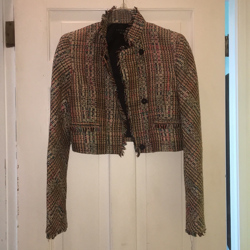 Theory Myleen Chromatic Cropped Tweed Fringe Coat